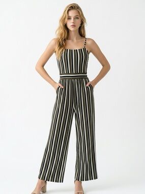 Xpress Black & White Striped Wide-Leg Crepe Jumpsuit
